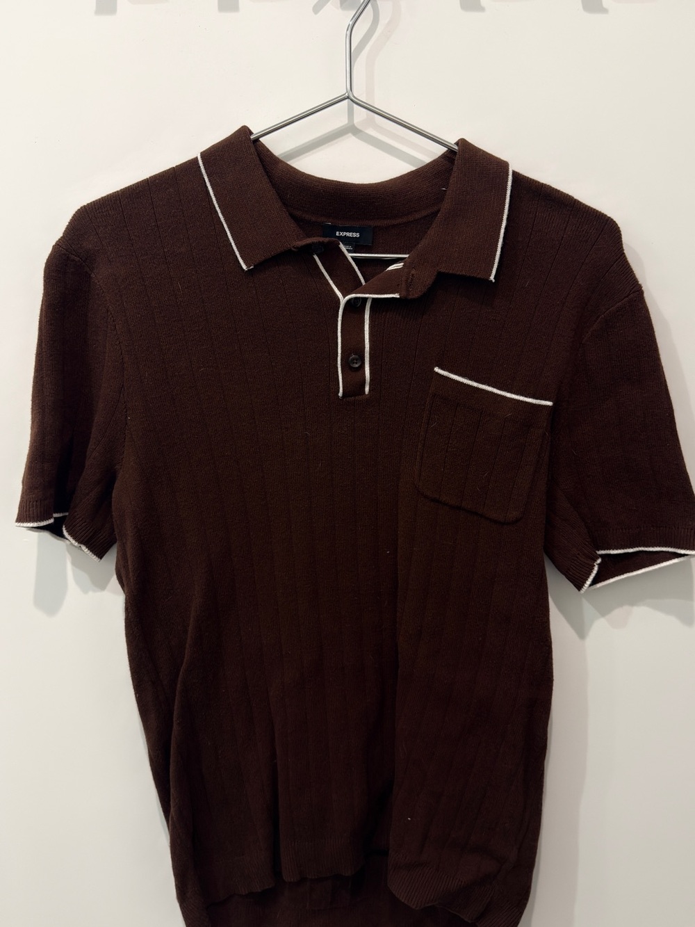 Express Men’s Retro Dark Brown Knit Polo with White Trim